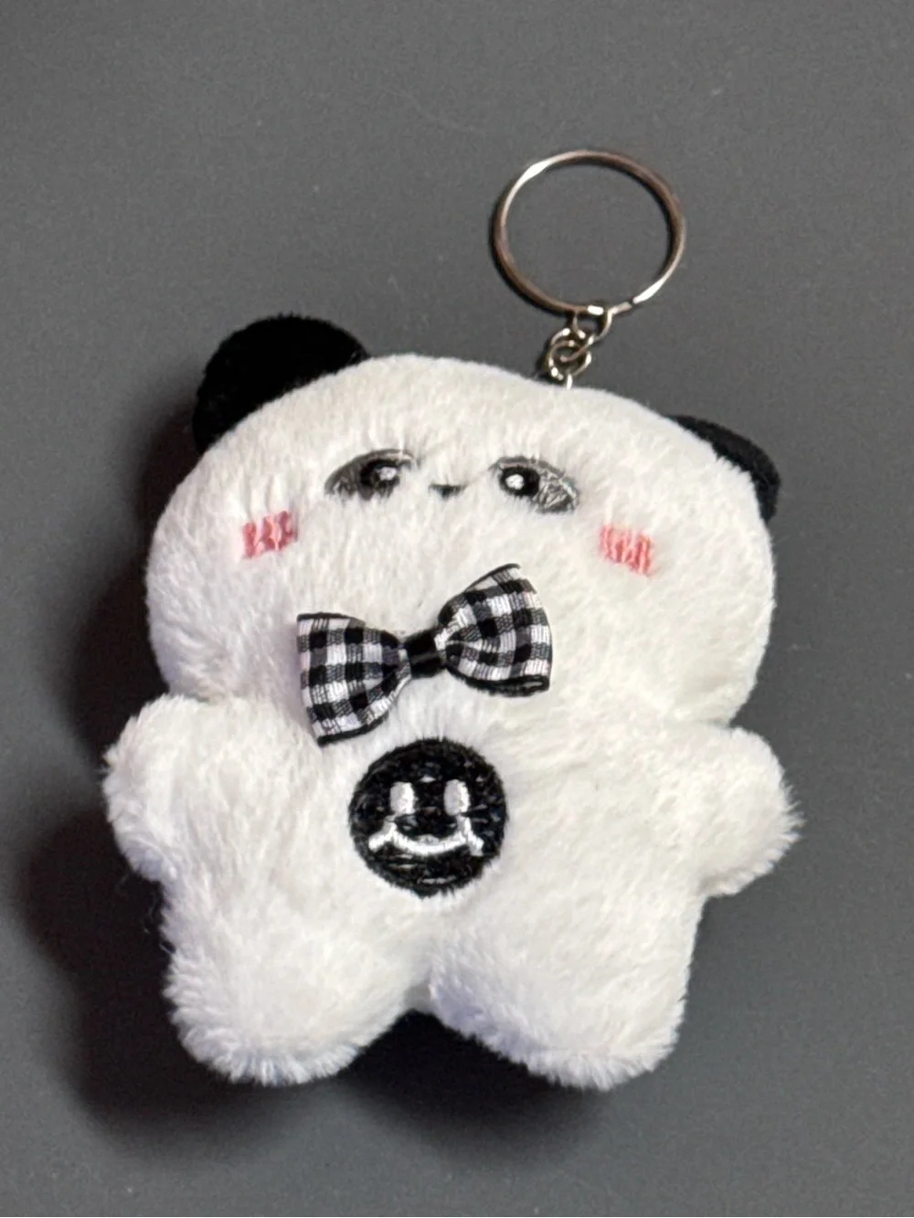 NIP Cute Panda Plush Keychain Bag Charm Gingham Bow Smiley Patch